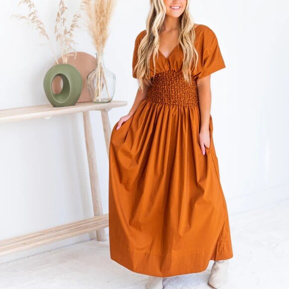 Fashion | Count Your Blessings Smocked Maxi Dress in Brown Camel - Picture 12 of 12
